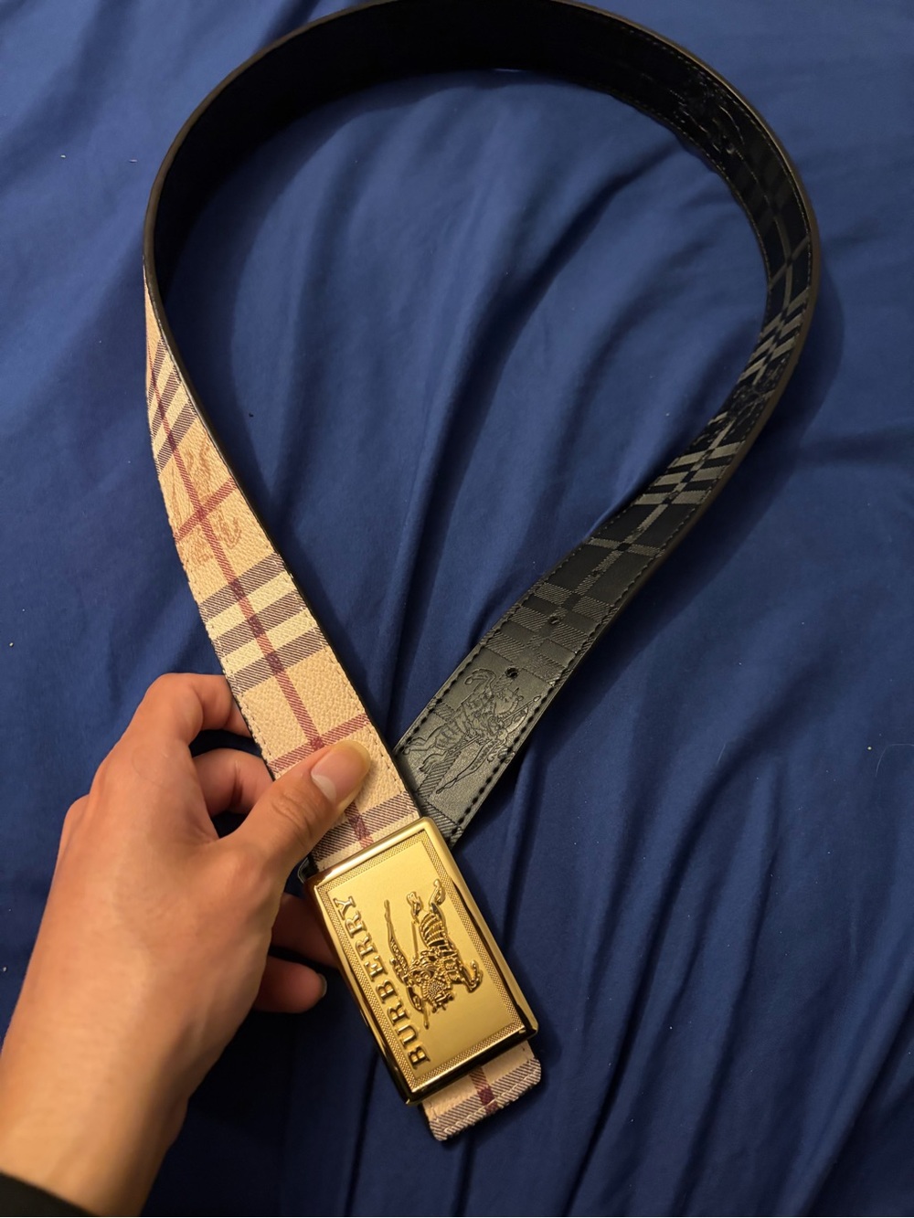 Burberry Beige Plaid Canvas Belt with Gold Logo Buckle - Picture 2 of 7